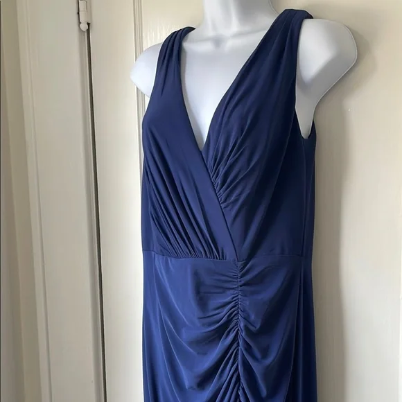 Navy Blue Ruched Crossover Draped Sleeveless Tummy Flattering Maxi Dress - Picture 3 of 5
